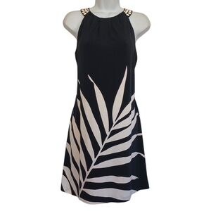 SIGNATURE LONDON STYLE Cream Beaded Sleeveless Tropical Mini Shift Dress Small